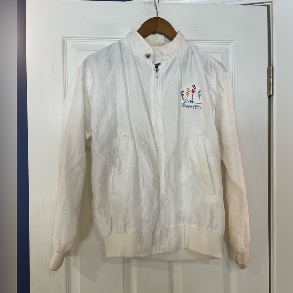 VINTAGE Hilton Hotels white nylon jacket with FLAMINGO HOTEL logo - Small